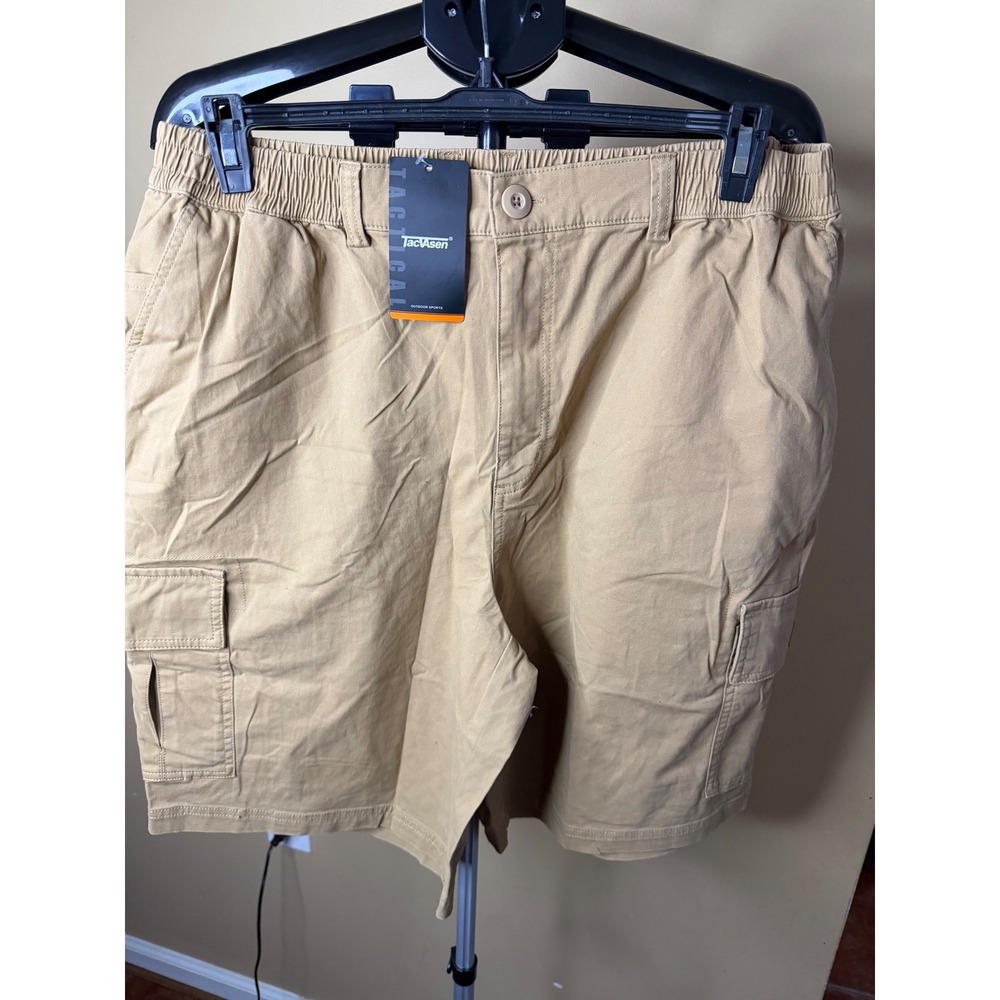TacVasen Mens Tactical Cargo Shorts Khaki Tan Elastic Waist‎ Outdoor Hiking New